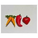 Carrots, Strawberry & Jalapeno Broochs Pins Metal