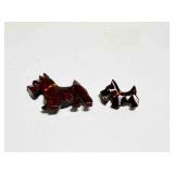 2 Scotty Dog wood Carved vintage Broochs Pins