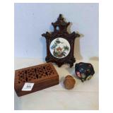Asian Trinkets, ceramic black cat, wood carved box