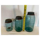 3 Blue Glass Mason Jars, Zinc lids, Half gallon