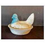 Hen on Nest, White milk Glass blue head, marked 4