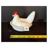 Hen on Nest White milk glass,, red cold paint comb