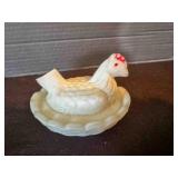 Hen on Nest White Milk Glass, chip on tail 2ï¿½'