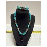 Turquoise Faux Stones Silvertone Beads Necklace