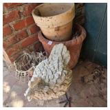 Resin Chicken, 2 Terra Cotta Pots, metal Hanging