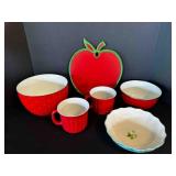 Red Bowls Enamelware, Large Soup Mugs, Apple