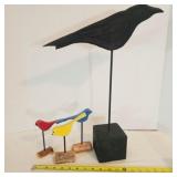 4 Wood Birds on Blocks, Raven Crow 20' x 15'