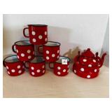 Red & White Polka Dot Tea Pot & 6 mugs cups