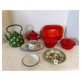 Enamel Ware, Tea pots, two small covered bowls