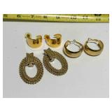 3 pr Gold tone Earrings-clip on hoops, textured