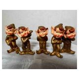 5 Vintage Christmas Elves Ornaments by Commodore