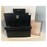 3 Black storage cardboard Boxes 1 plastic