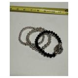 3 Stretch Bracelets-Black Glass Beads, silver