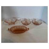 4 pcs Pink Depression Glass, 2 pink Nappies match,