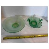 2 Green Depression Glass bowls, one has swans