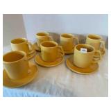 7 Yellow Stoneware Cups Mugs Saucers unmarked