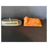 2 Lidded Butter Dishes-Terra Cotta Cow lid butter