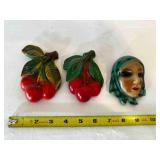 3 Chalkware/plaster Wall Plaques, Cherries & lady