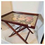 Folding Wood Side table w/glass top Flowers print