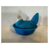 Hen on Nest Blue & White Milk Glass 5ï¿½'