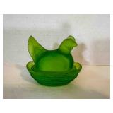 Hen on Nest Green Satin Glass marked Westmoreland