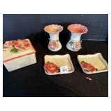 5 Rose Ceramic Vases, Trinket Box, Ash Trays