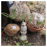 Concrete Rabbit, Terra Cotta pot & round orb, rock