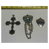 2 Silver tone Pendants, Blue Rhinestone Silver ton
