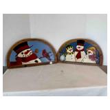 2 Christmas Snowman Hand Carved on rustic old wood