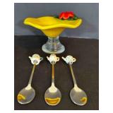 Hand Blown Yellow Candy Dish on Pedestal, 2 cute