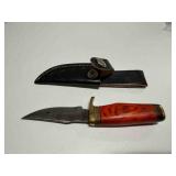 Demascus steel hunting knife w/orange wood handle