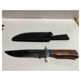 Large black fixed blade knife w/brown wood handle
