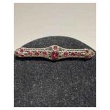 14k White gold filigree brooch w/ red gemstones
