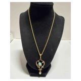 14K rope chain w/14k diamond & opal heart pendant