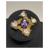 14K brooch w/opal and amethyst stones