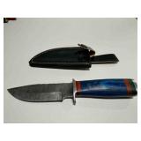 Demascus steel hunting knife w/blue wooden handle
