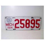 1914 Michigan Porcelain License Plate White w/Red