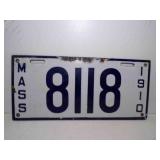 1910 Massachusetts Porcelain License Plate White