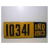 1913 Indiana Porcelain License Plate Yellow &