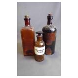 (3) Antique Medicine Brown Amber Glass Bottles