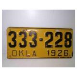 1926 Oklahoma License Plate Yellow w/Black Letters