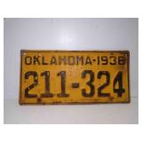 1938 Oklahoma License Plate Yellow w/Black Letters