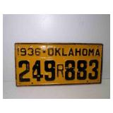 1936 Oklahoma License Plate Yellow w/Black Letters