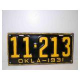 1931 Oklahoma License Plate Black w/Yellow Letters