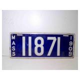 1909 Massachusetts Porcelain License Plate Blue w/