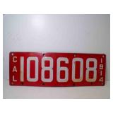 1914 California Porcelain License Plate Red with