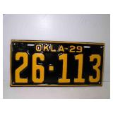 1929 Oklahoma License Plate Black w/Yellow Letters