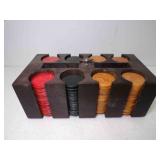 Vintage Bakelite Poker Chip Set in Wooden Caddy