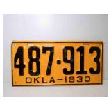 1930 Oklahoma License Plate Yellow w/Black Letters