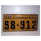 1932 Oklahoma License Plate Yellow w/Black Letters